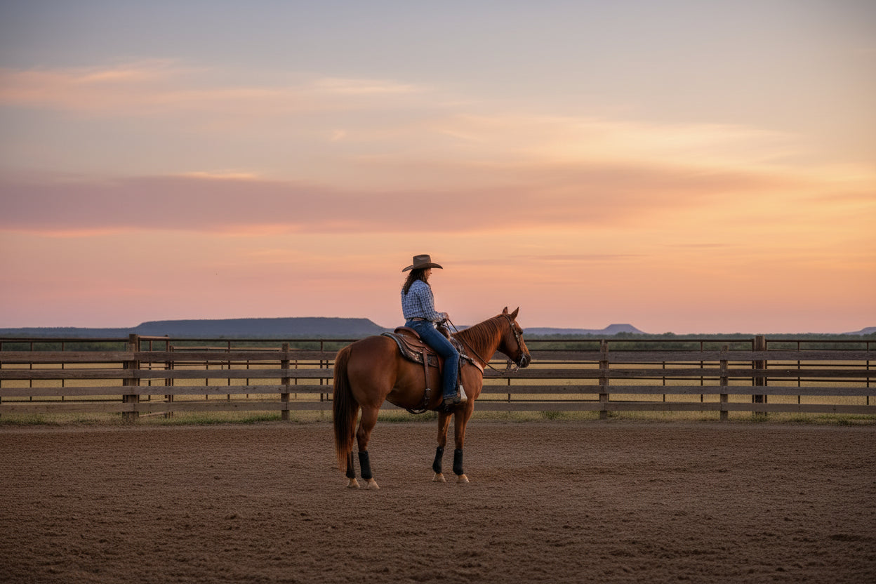 Woman sitting on a sorrel horse in an arena with a sunset